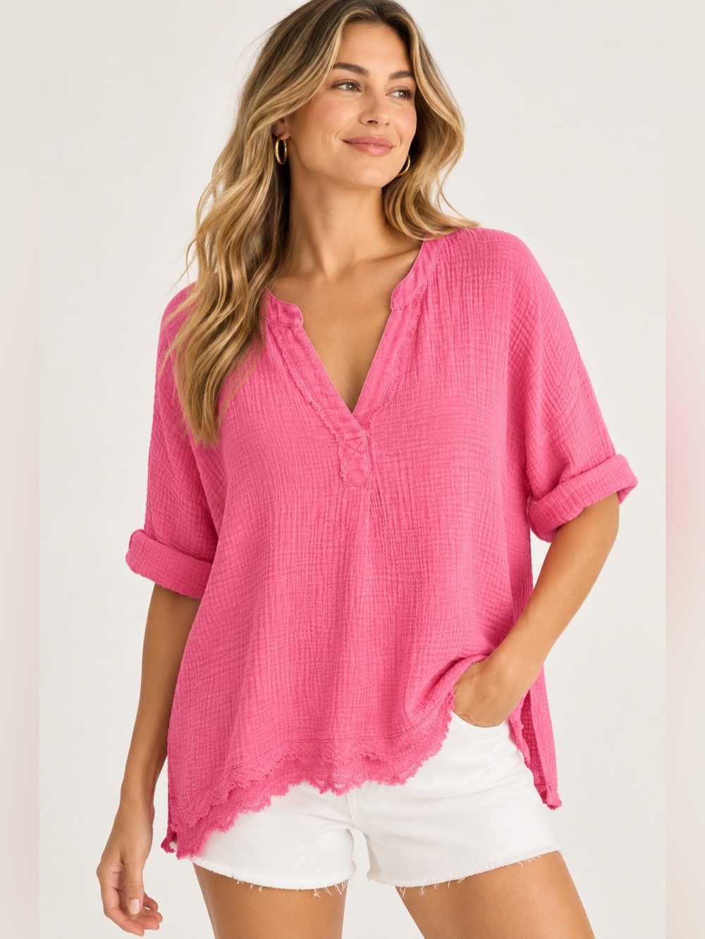 Umgee Hot Pink Textured V-Notch Tunic with Scalloped Hem